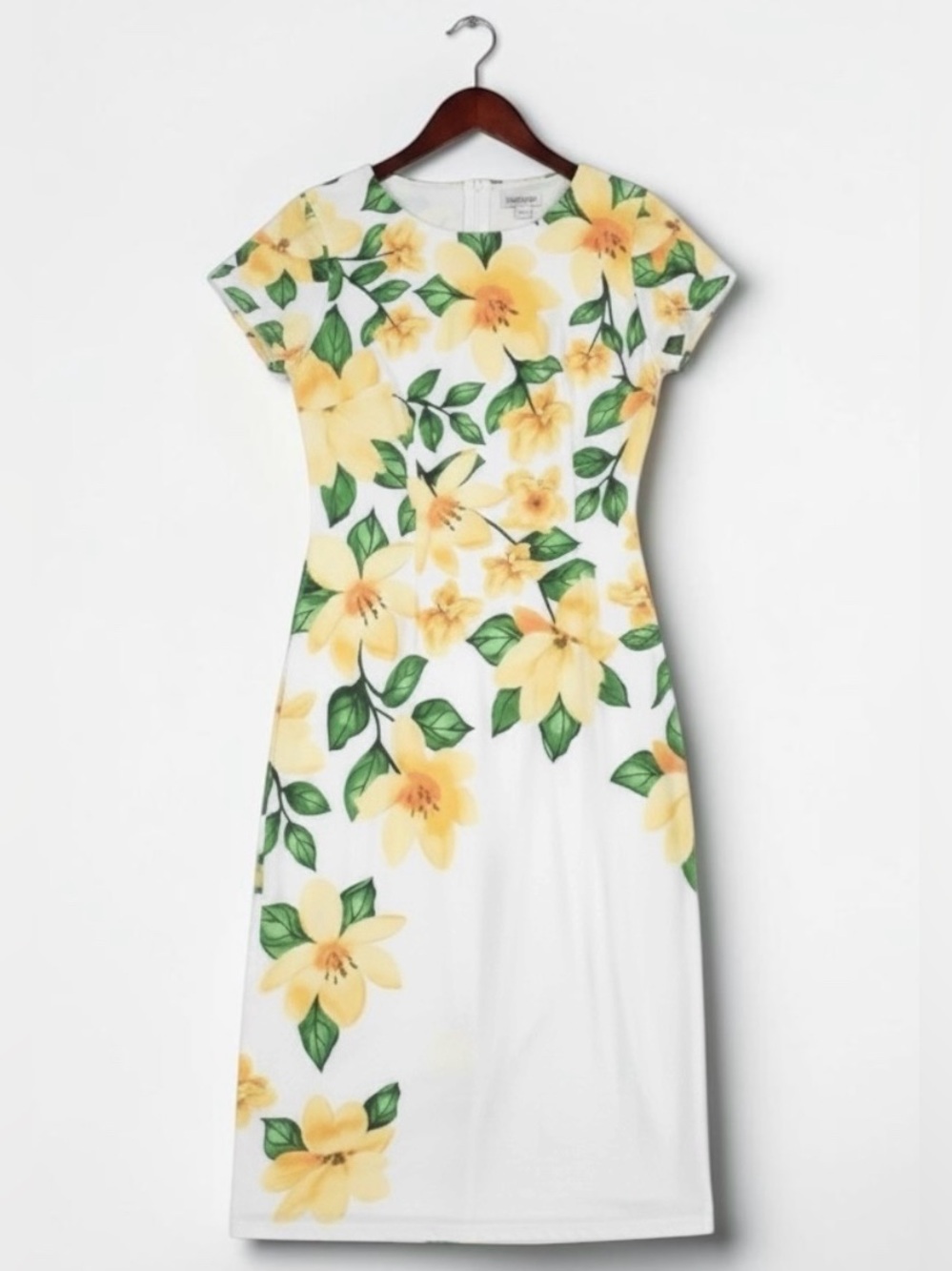Maggy London Dress Womens 12 White Yellow Floral Sheath Midi Short Sleeve Lined